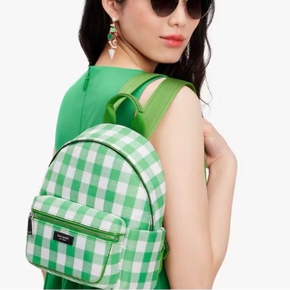 Kate Spade Sam Icon Green Gingham printed small Backpack NWT - Picture 2 of 9